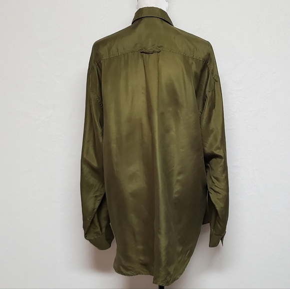 Vintage 90s IOU Silk Olive Oversized Button Up Hi-low Tunic Blouse Mini Dress M - Picture 10 of 13
